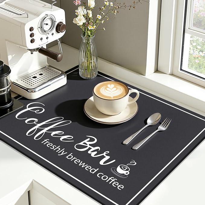 Findosom Dish Drying Mat, 16" x 20" Super Absorbent & Hide Stain Coffee Mat, Cuttable Drying Mat for Kitchen Counter, Coffee Bar Accessories, Under Dish Rack, Coffee Maker, Espresso Machine, Black