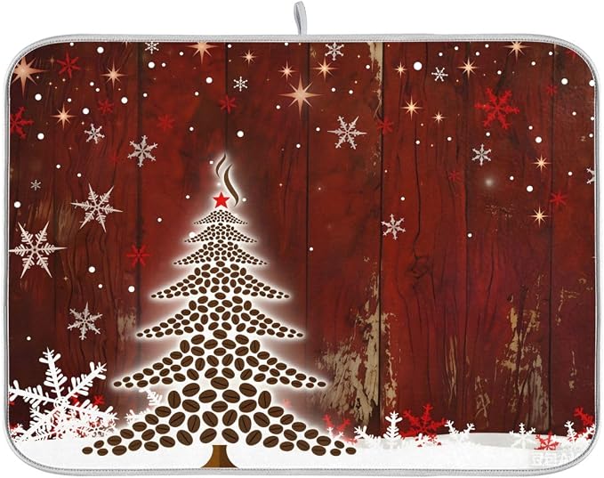 Christmas Tree With Coffee Beans Dish Drying Mat for Kitchen, Absorbent Microfiber Drying Pad Dish Mat, 24" X 18"