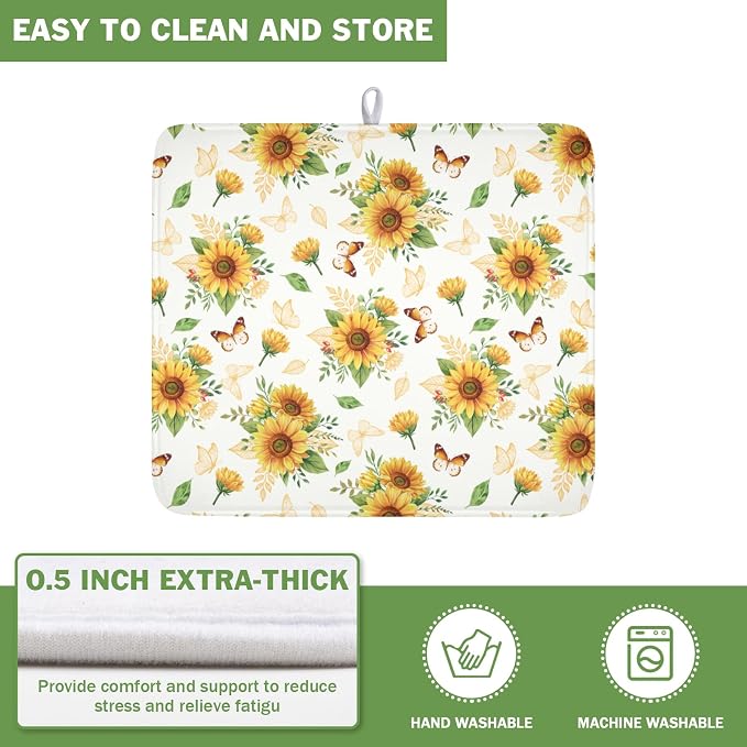 Sunflower Dish Drying Mat for Kitchen Counter Summer Yellow Floral Microfiber Dish Drainer Mat Rustic Farmhouse Absorbent Washable Drying Pad 16"x18"