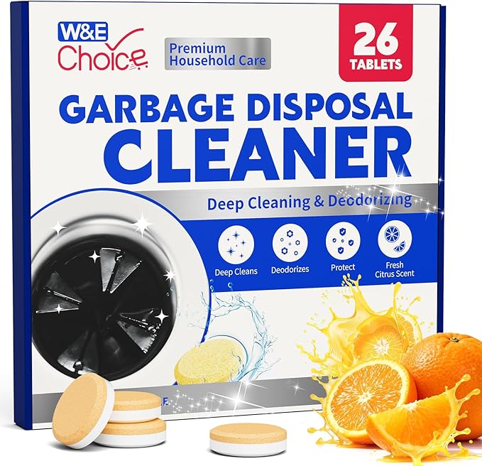 W&E Choice Garbage Disposal Cleaner and Deodorizer Tablets - 26 Pack, Powerful XL Foaming Tablets, Citrus Scent Sink Cleaner and Deodorizer, Septic Safe Kitchen Cleaning Care, 1-Year Supply