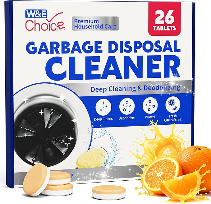 W&E Choice Garbage Disposal Cleaner and Deodorizer Tablets - 26 Pack, Powerful XXL Foaming Tablets, Citrus Scent Sink Cleaner and Deodorizer, Septic Safe Kitchen Drain Care, 1-Year Supply