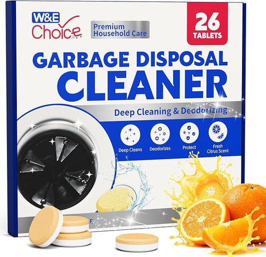 W&E Choice Garbage Disposal Cleaner and Deodorizer Tablets - 26 Pack, Powerful XXL Foaming Tablets, Citrus Scent Sink Cleaner and Deodorizer, Septic Safe Kitchen Drain Care, 1-Year Supply