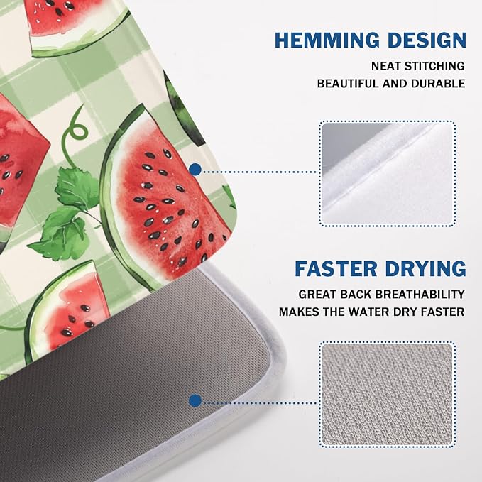 Summer Dish Drying Mat for Kitchen Counter Watercolor Watermelon Green Buffalo Plaid Microfiber Dish Drainer Mat Rustic Absorbent Washable Drying Pad Extra Large 18"x24"