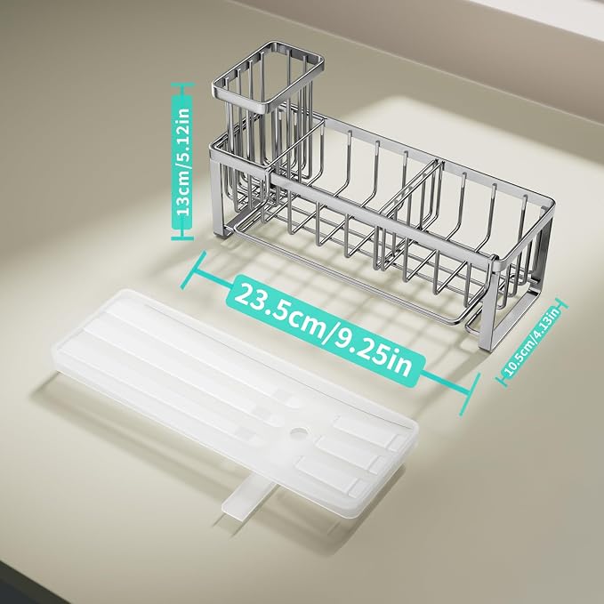 HapiRm Sponge Holder for Kitchen Sink - Self-draining Sink Caddy with Brush Holder and Dishcloth Holder, Stainless Steel Kitchen Organizer - Silver