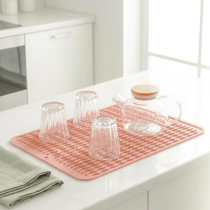MicoYang Silicone Dish Drying Mat — Quick-Dry Ridges Counter & Sink Pad, Heat-Resistant Trivet to 450°F, Non-Slip & Dishwasher Safe, Roll-Up Storage, 18 Colors & 9 Sizes (Pink, 16"×12")