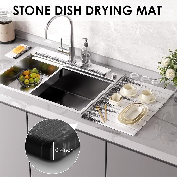 4-Piece Large Stone Dish Drying Mat for Kitchen Counter, 24"x16" Super Absorbent Diatomaceous Earth Drying Mat Set with Faucet Mat & Small Utility Mat, Rollable Quick Dry Pad for Dishes, Cups, Bottles