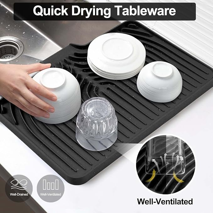 Dish Drying Mat for Kitchen Counter, with Built-in Drain Lip, Food-Grade Silicone, Easy Clean Pad for Countertop Protection, Multi-Functional Use (18 x12 Raised Sink, Black)