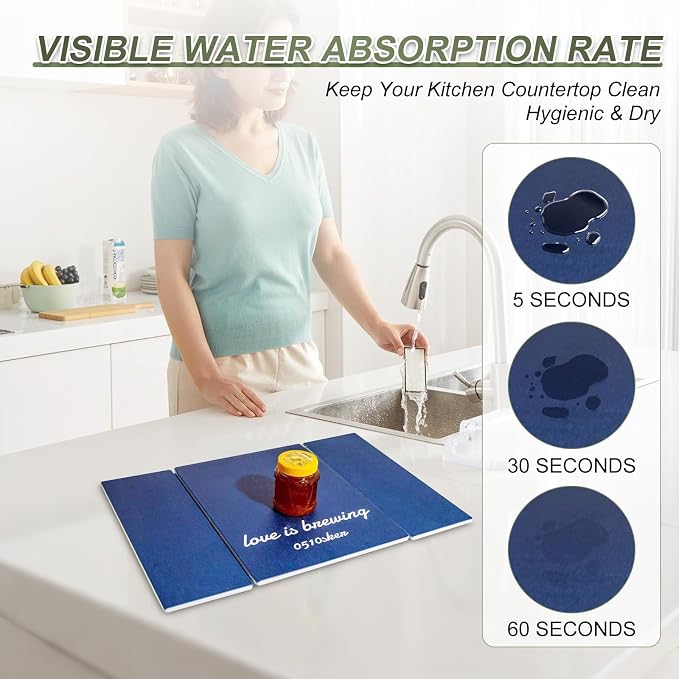 Dish Drying Mat Large Stone Dish Drying Mat For Kitchen Counter Collapsible Quick-Drying Sleek Diatomaceous Versatile Stone Drying Mats For Cups Dishes Bottles Marble (royalblue, 16"×19")