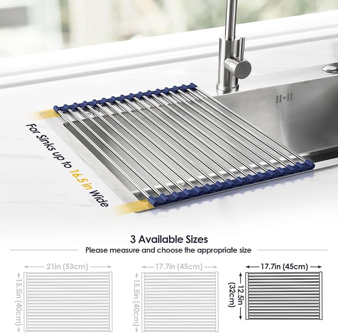 Tomorotec 17.7" x 12.5" Roll Up Dish Drying Rack Over Sink Drying Rack Sink Cover Kitchen Sink Accessories Gadget Multipurpose Organizer Foldable Stainless Steel Drainer