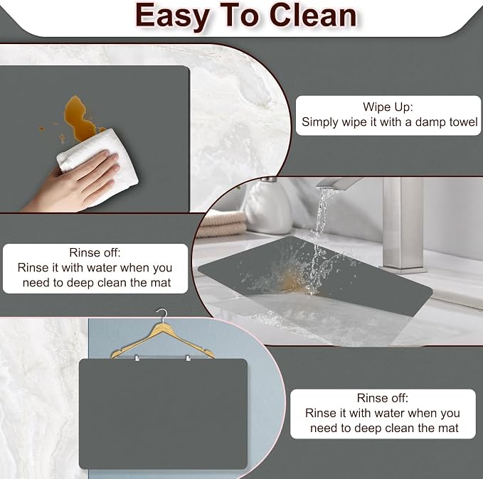 BLESWIN Dish Drying Mat for Kitchen, 16'' x 24'' Coffee Bar Mat for Countertops, Coffee Station Matt with Non-slip Rubber Backed, Absorbent Dish Dying Mat for Kitchen Counter, Gray