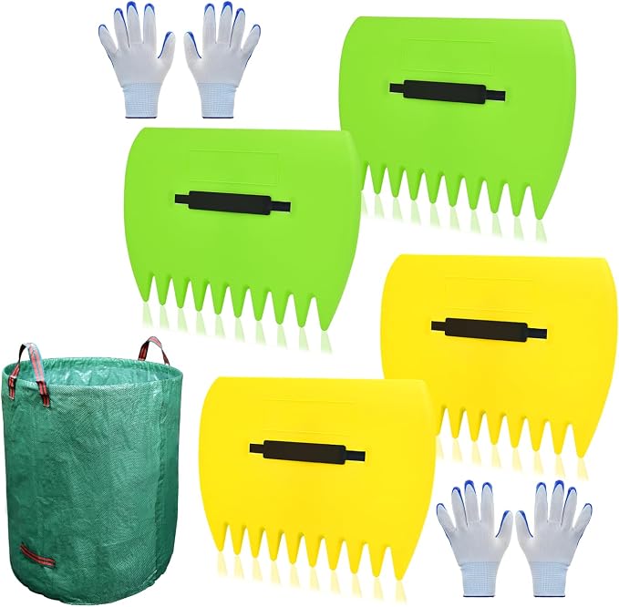 Leaf Scoops Hand Rakes, Leaf Scoops and Claws with Garden Bag and Gloves, Lightweight Plastic Leaf Scoop, Large Leaf Grabbers for Picking Up Leaves, Clippings, Grass(Scoops + Garden Bag)