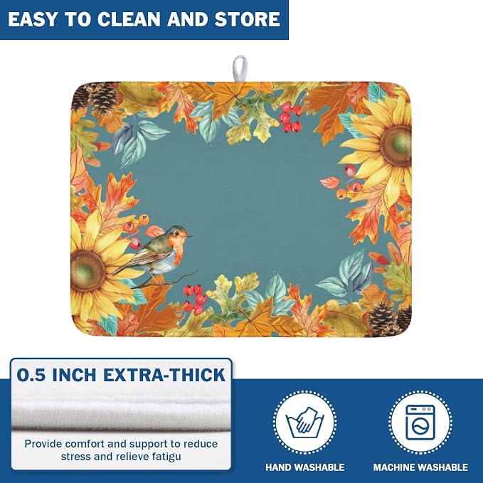 Fall Sunflower Dish Drying Mat for Kitchen Counter 18 x 24 Inch Autumn Orange Leaf Dish Drainer Mat Absorbent Microfiber Thanksgiving Harvest Dish Rack Pad for Coffee Dining Bar Decor