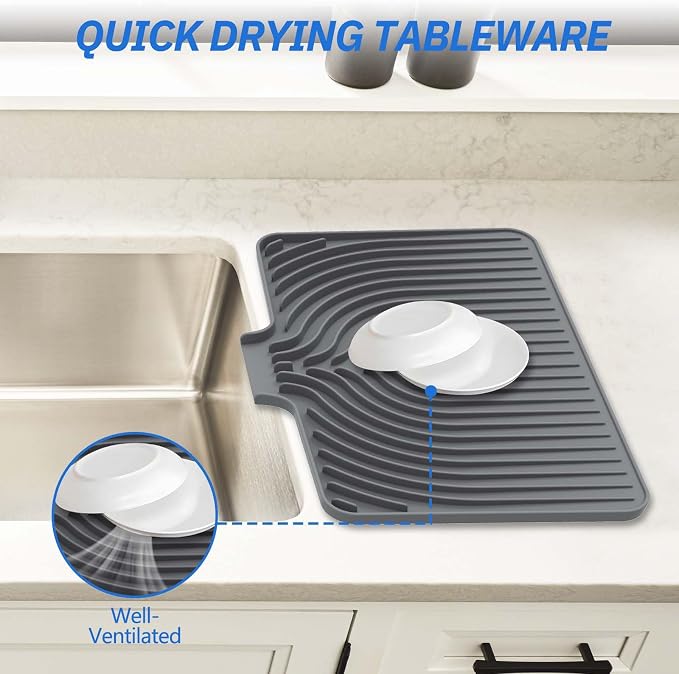 Dish Drying Mat for Kitchen Counter, with Built-in Drain Lip, 18x11.8 inch, Food-Grade Silicone, Easy Clean Pad for Countertop Protection, Heat Resistant, Easy Clean, Multi-Functional Use (Grey)