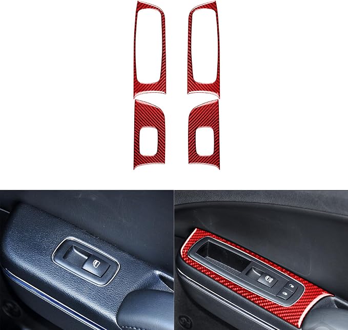 Door Control Panel Fit for Dodge Charger/Chrysler 300 2011-2023 | Real Carbon Fiber | Accessories | Trim Door Control Surround Cover Stickers | Thick Overlay | Self-adhesive | Red