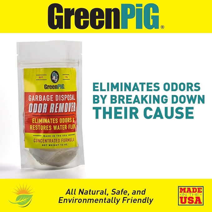 GREEN PIG Garbage Disposal Drain Deodorizer and Odor Eliminator, Destroys Odors, and Breaks Down the Causes for a Fresh, Clean Kitchen Environment