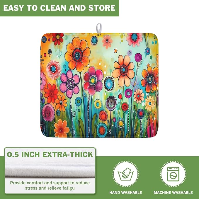 Abstract Colorful Floral Dish Drying Mat for Kitchen Counter Spring Summer Flower Microfiber Dish Drainer Mat Rustic Absorbent Washable Drying Pad 16"x18"