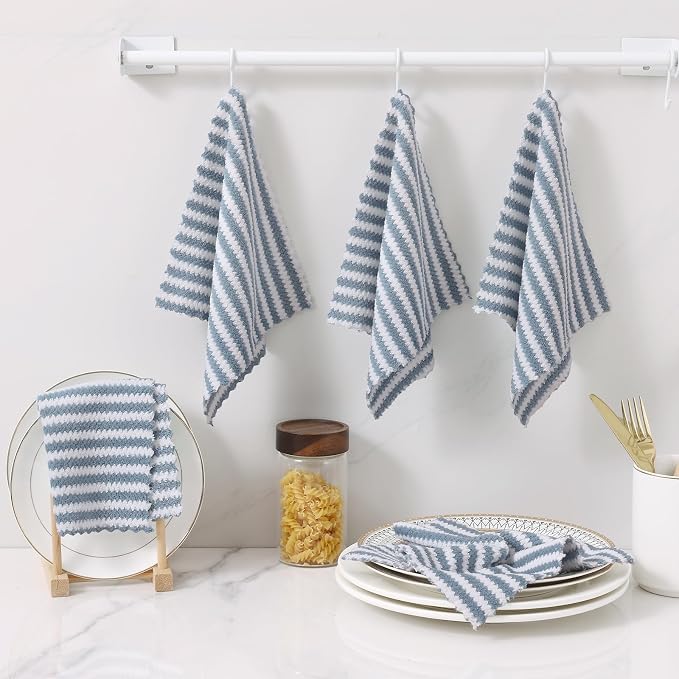 Homaxy 18 Pack Kitchen Dish Cloths, Ultra Soft and Absorbent Dish Towels, Reusable Fast Drying Microfiber Cleaning Cloth, Coral Velvet Wave Design No-lint, 10 x 10 inches, Dusty Blue