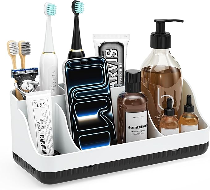 Bathroom Counter Organizer and Storage, 7 Slots Detachable Toothbrush Holders for Bathrooms, Anti-Slip Electric Toothbrush and Toothpaste Holder Countertop Vanity Organizer Accessories for Adults Kids