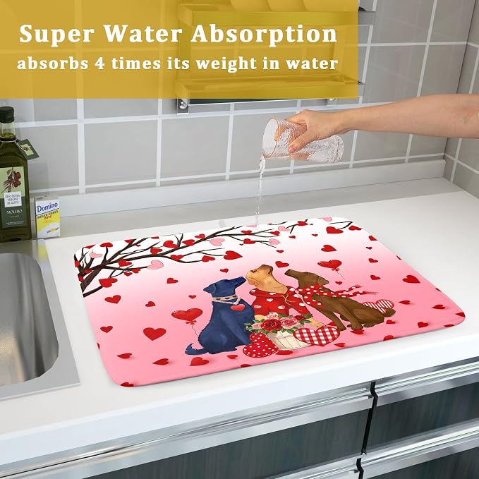 Love Dog Dish Drying Mat 18"x24" Red Heart Microfiber Dish Drainer Mat Hanging Loop Absorbent Fast Dry Pad Kitchen Counter Bar Accessories