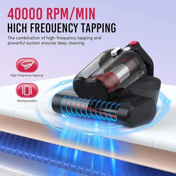 Mattress Vacuum Cleaner, 16Kpa 600W Bed Vacuum Cleaner with 253.7nm UV-C Light & 40000 RPM/Min Brushroll Rotation & Heating Tech, Widened Suction Port, Corded