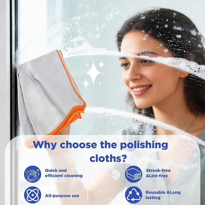 Puomue 12 Pack Microfiber Glass Cleaning Cloth, 320GSM Thick Lint Free Glass Towels, Reusable Window Cleaning Cloth for Windshields, Lenses, Glasses, Mirrors & Windows, Polishing Silver, 13.8" x 10.8"