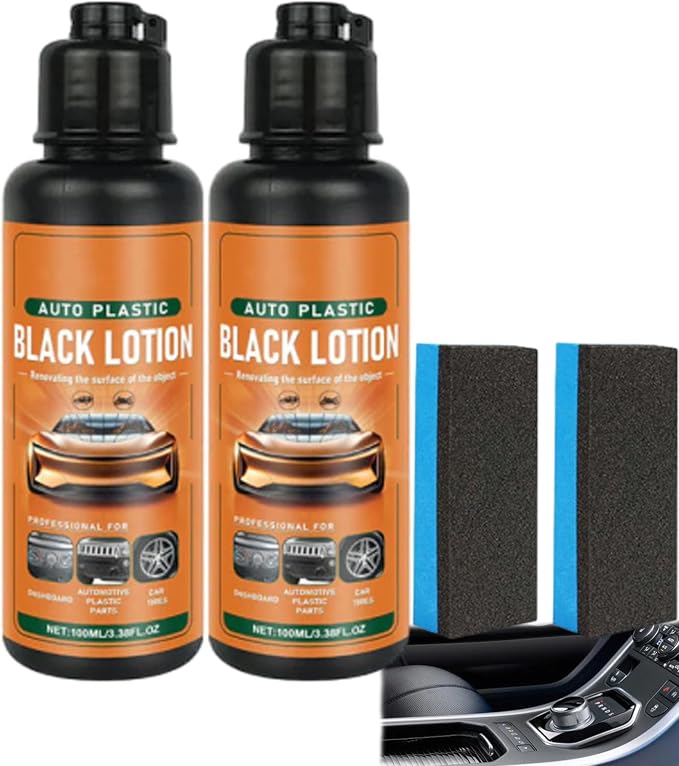 Auto Plastic Restorer Kit 100ml, Black Lotion for Dashboard Door Panel Bumper Tire Trim, Fast Drying Long Lasting Coating with Sponge (2PCS+2*Sponge)