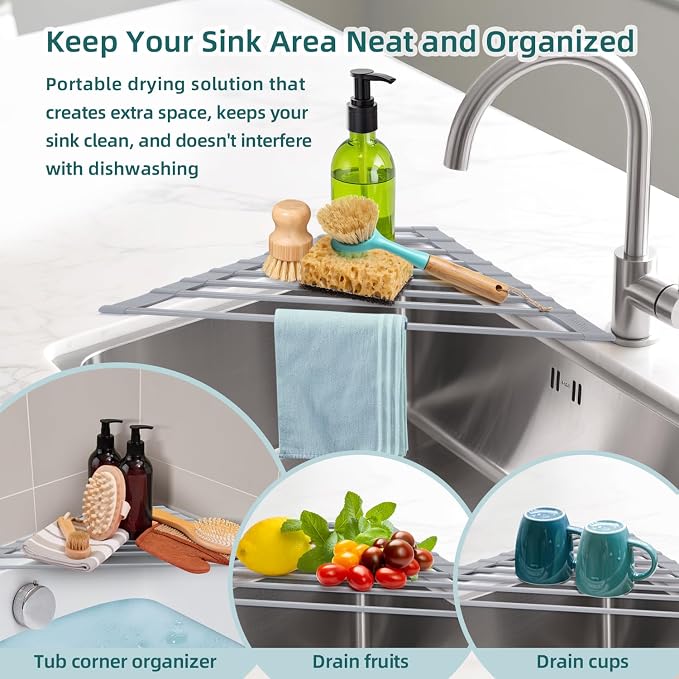 Ohuhu Triangle Roll Up Dish Drying Rack, Silicone Wrapped Steel Anti-Slip Sink Corner Rack Caddy Multipurpose Strainer for Kitchen Sink Trivet Space-Saving