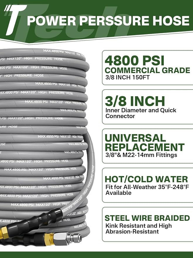 3/8" 4800PSI Pressure Washer Hose 150FT Swivel Quick Connect | Power Washer Hose for Cold/Hot Water Max 248°F, Kink Resistant Steel Wire Braided, Wear Resistant with M22 14mm Adapter