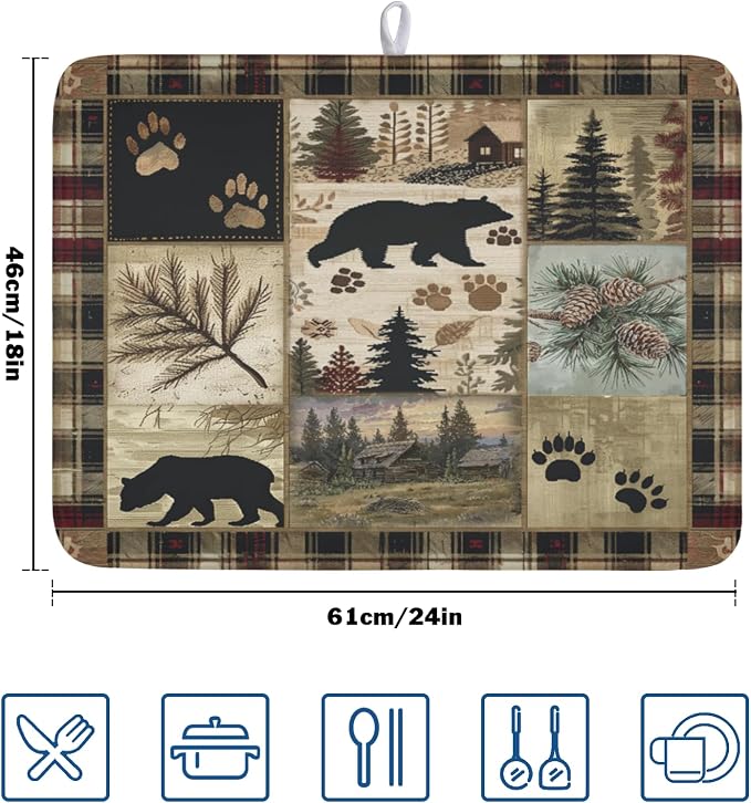 Giwawa Black Bear Dish Drying Mat Forest Cabin Decorative Dishes Pad 18x24 Inch Absorbent Fast Dry Dish Drainer Rack Mats for Kitchen Counter Sink
