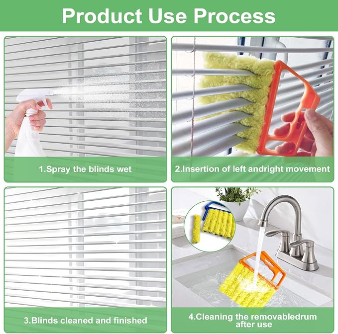 4Pcs Blind Cleaner Duster Tool Set with 7-Finger & 3-Finger Brushes，Washable Multi-Surface Dusting Kit for Wood Blinds, Venetian Blinds, AC Vents, Car Vents, Shutters & Fans (Yellow+Green)