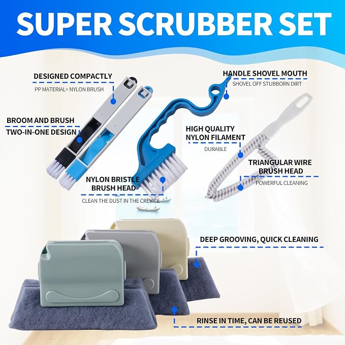 Window Track Cleaner Tool Set, 13 Pcs Magic Window Sill Cleaning Tools Kit with Groove Cleaning Brush for Door Tracks, Tile Lines, Shutter, Car Vents