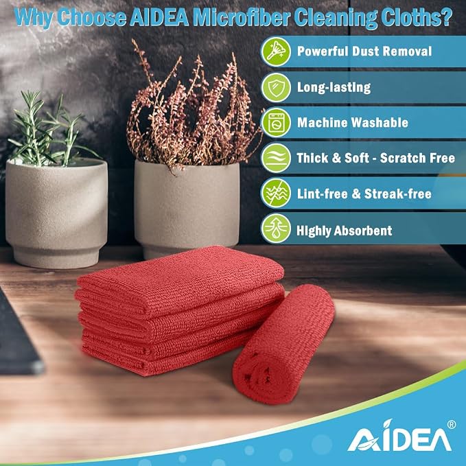 AIDEA Microfiber Cleaning Cloth Red-50PK, Soft Absorbent Shop Rags, Microfiber Towels for Cars, Kitchen Towels, Dusting Cloth for Home, Window, Cleaning Supplies, 12"×12"