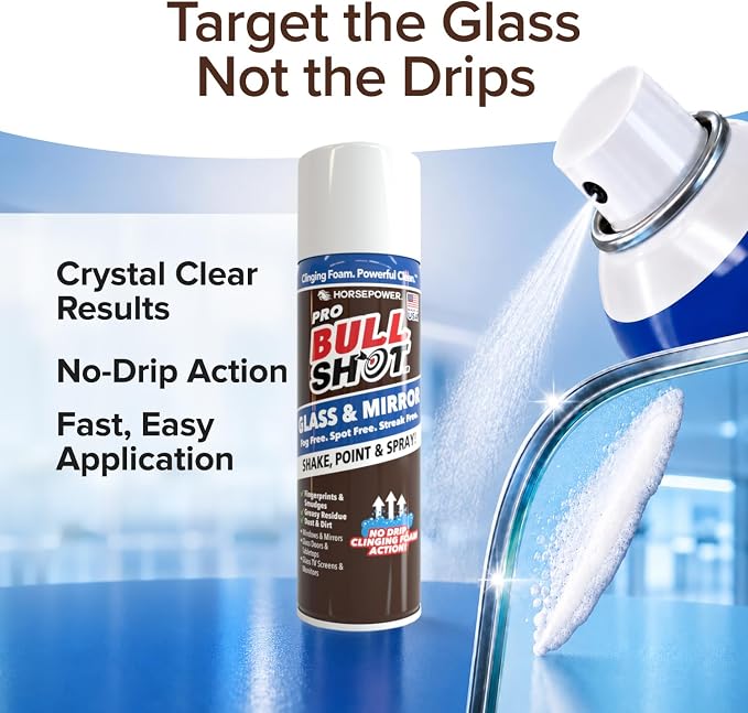 Horsepower Bull Shot Glass & Mirror Cleaner, As Seen On TV, No-Drip Foaming Glass Cleaner for Mirrors, Windows & TV Screens, Made in USA