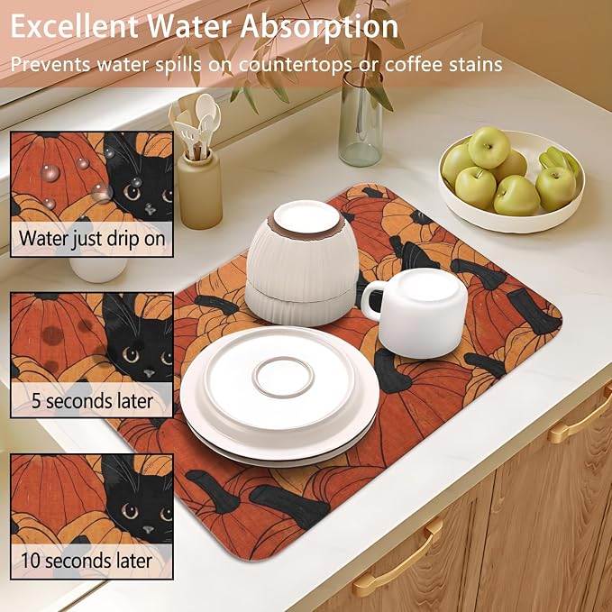 Fall Dish Drying Mat 2-Pack with Cat for Kitchen Counter Absorbent Dishes | Diatom Mud Mats (18x24, 19.5x12"). Non-slip rubber back for kitchen counter, coffee bar & sink scenes