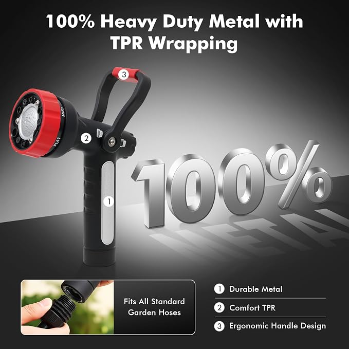 RESTMO Fireman Hose Nozzle Heavy Duty, Garden Hose Spray Nozzle for Outdoor | Lever Handle & Ergonomic Grip, 6 Classic Spray Patterns with Adjustable Flow Control for Watering, Cleaning