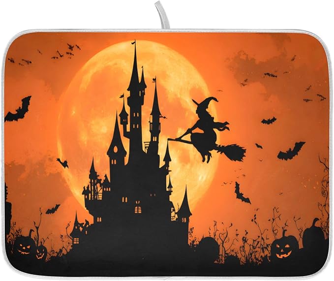 Halloween Witch Bat Castle Pumpkin Dish Drying Mat for Kitchen Counter Absorbent Microfiber Small Drying Pad Dish Mats for Kitchen Countertops 16 x 18 Inch