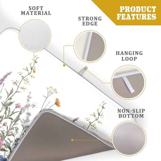 Giwawa Flower Herbs Dish Drying Mat Botanical Plant Dishes Drainer Mat 18x24 inch Reversible Microfiber Drying Dish Pad for Kitchen Counter Decor