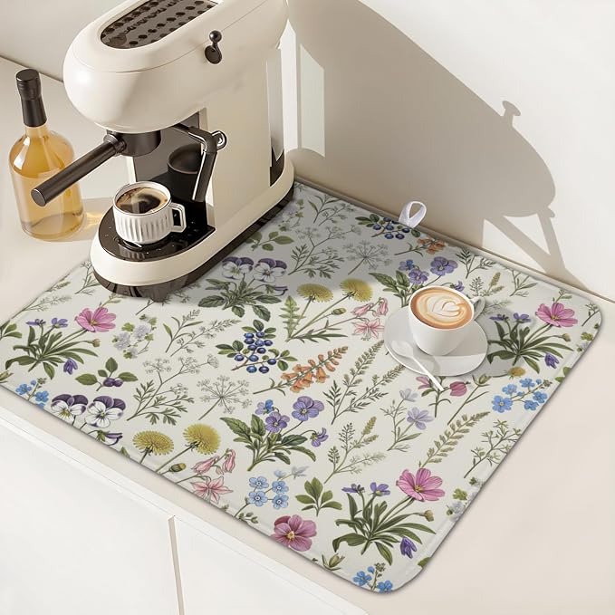 Rustic Botanical Print Floral Dish Drying Mat 16x18 Inch | Polyester，Absorbent Microfiber，for Kitchen Coffee Dining Bar Decor