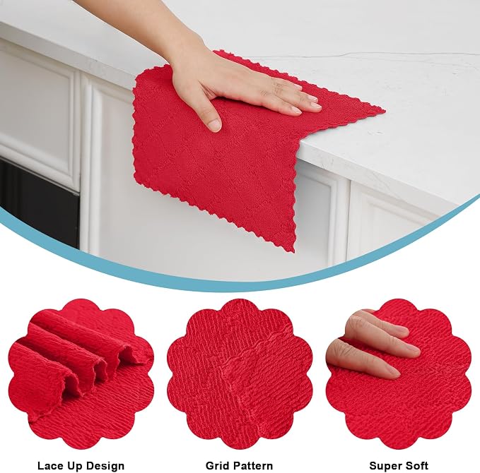 Homaxy 24 Pack Kitchen Dish Cloths (10 x 10 Inches, Red), Super Soft and Absorbent Coral Velvet Dish Towels, Nonstick Oil Fast Drying Microfiber Cleaning Cloth, No Lint Household Dishcloths