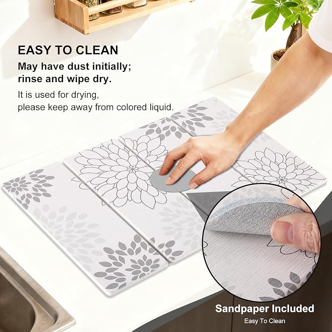 Stone Drying Mat for Kitchen Counter 3-Pack, Soft Diatomaceous Earth Absorbent Mat Set, Quick Dry Stone Faucet Splash Guard & Small Drying Pad, Foldable Diatomite Stone for Pet, Plant & Bath