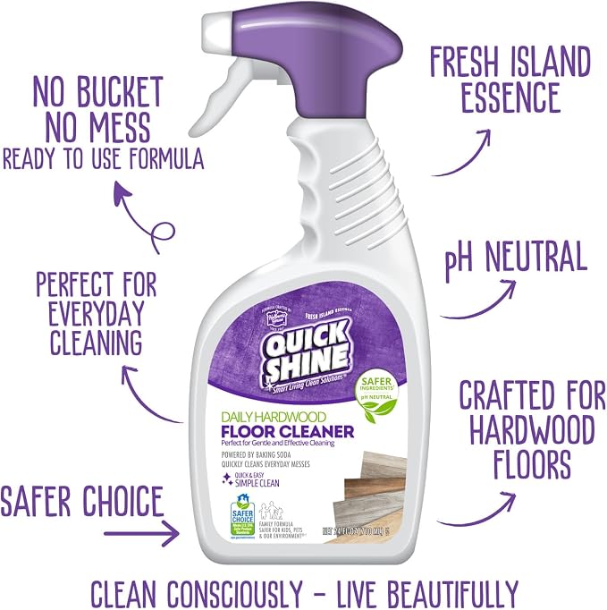 Quick Shine Hardwood Floor Cleaner 24 oz-6 Pk, Streak-Free, No Residue | Powered by Baking Soda, Fresh Island Essence, pH Neutral, No Rinse, PFAS & Ammonia Free, EPA Safer Choice Made in USA