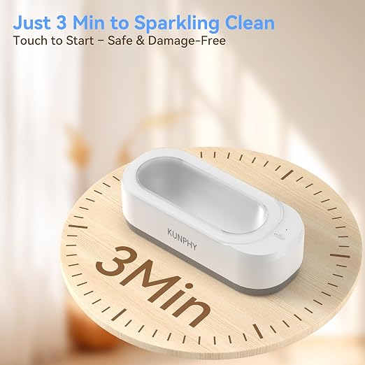 KUNPHY Jewelry Cleaner, 46KHZ, 12OZ Capacity, Ultrasonic Jewelry Cleaner with 50ml Solution, One-Touch Operation, Professional Ultrasonic Cleaner Idea for Silver, Gold Jewelry, Glasses, Rings, Diamond