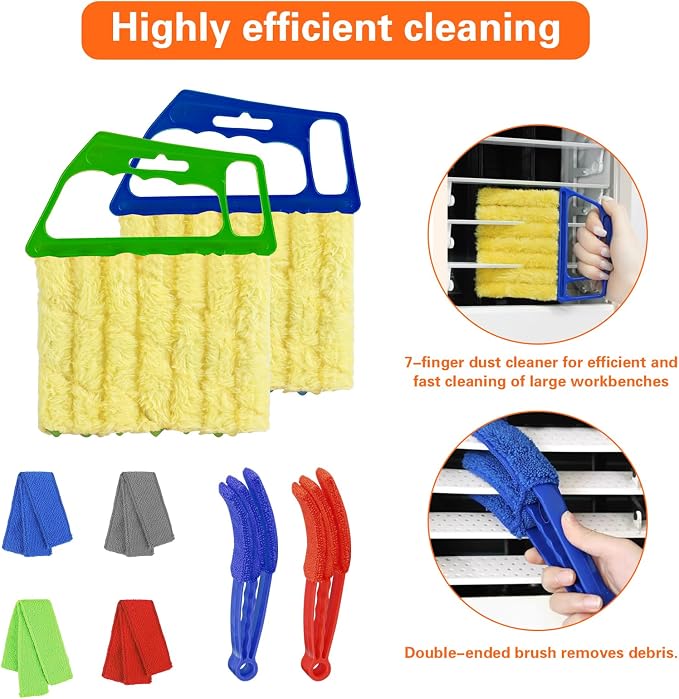 4 Pcs Window Venetian Blind Cleaner Duster Tool Set with 7 Fingers | Blue/Green, For Window Shutters Air Conditioner, Car Vents, Fans. Reusable. Includes 4 Extra Cover