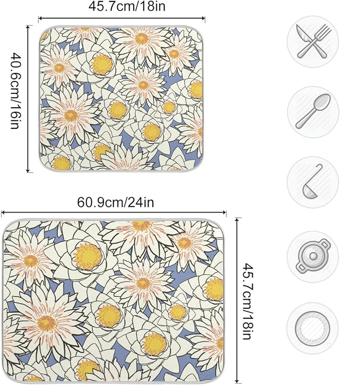 Absorbent Dish Drying Mat for Kitchen Counter - Flowers Lotus Yellow Microfiber Drying Pad, Reversible Drainer Mats for Countertop, Lager 18 x 24 inch