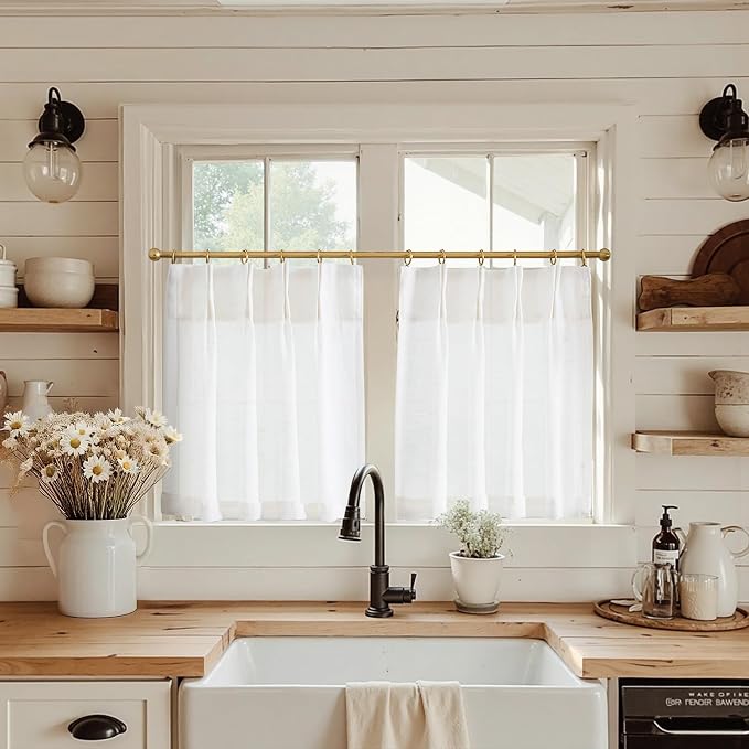 jinchan Linen Pinch Pleated Back Tab Tier Curtains, 26x30, 2 Panels, White | Light filtering,small window treatment,cafe curtains,machine washable,farmhouse,kitchen,bathrooms,laundry