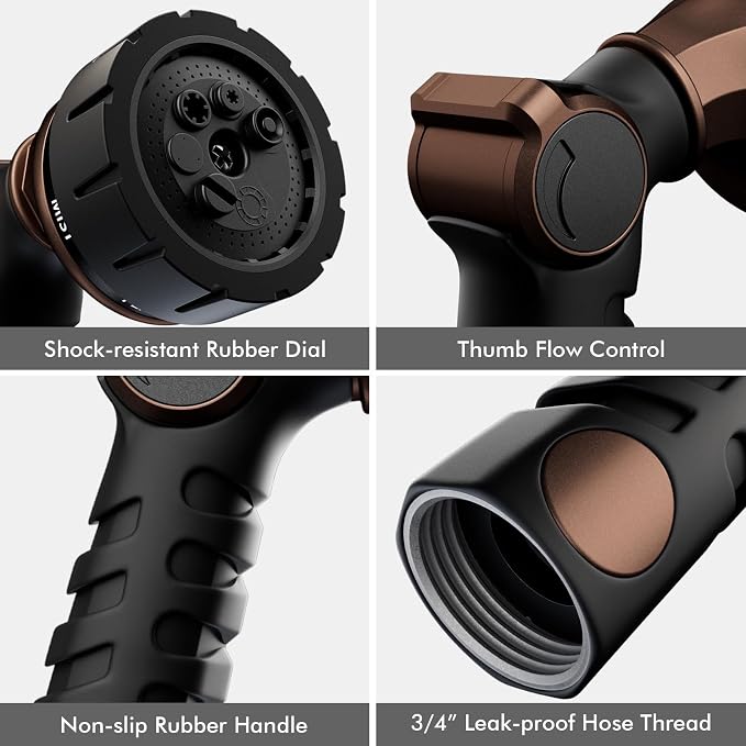 RESTMO Heavy Duty Hose Nozzle, Metal Garden Water Hose Sprayer | 7 Watering Patterns, Easy Thumb Control, On Off Valve, leak proof Nozzle Sprayer for Watering Plants, Washing Car & Pet