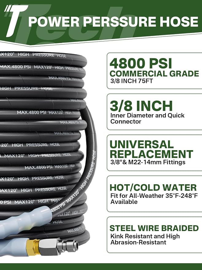 3/8" 4800PSI Pressure Washer Hose 75FT Swivel Quick Connect | Power Washer Hose for Cold/Hot Water Max 248°F, Kink Resistant Steel Wire Braided, Wear Resistant with M22 14mm Adapter
