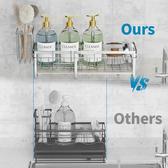 Aurblozen Extra Large Extendable Sponge Holder for Kitchen Sink, Rustproof Sink Caddy Organizer with High Brush Holder, Dish Soap Dispenser Organizers and Storage (Stainless Steel)
