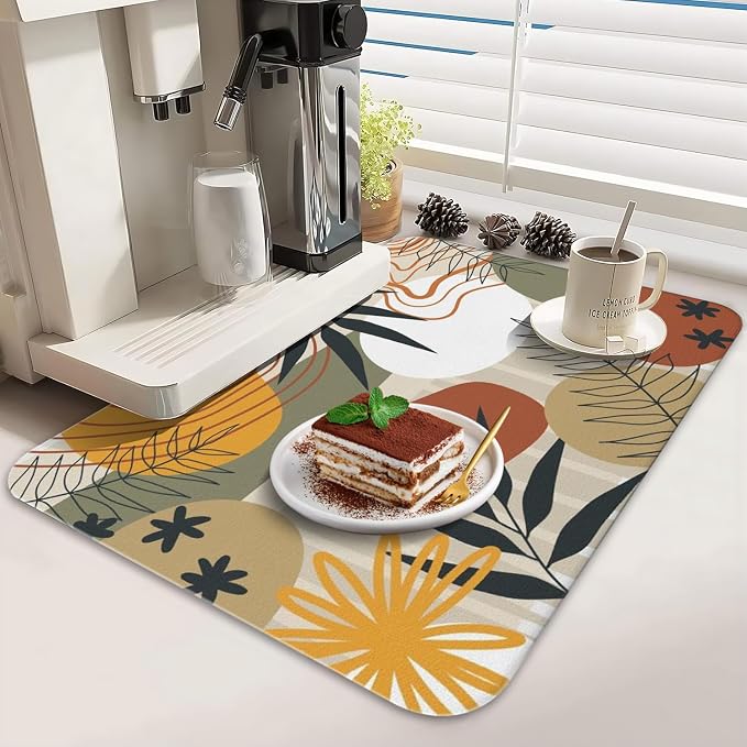 Dish Drying Mat 2-Pack in Boho Abstract for Kitchen Counter Dishes Mat | Diatom Mud Mats (18x24, 19.5x12"). Non-slip rubber back for kitchen counter, coffee bar & sink scenes