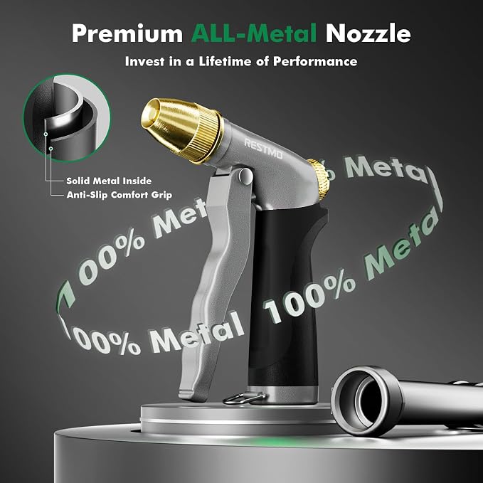 RESTMO Metal Water Hose Nozzle, High Pressure Garden Sprayer, Black | Adjustable Brass Head for 4 Spray Patterns, Heavy Duty Garden Water Sprayer for Outdoor Lawn & Plant & Car